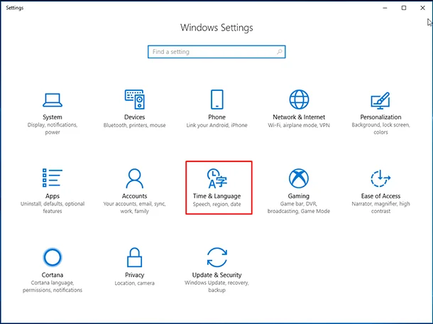 पहले एक व्यवस्थापक खाते के साथ विंडोज 10 पर लॉग ऑन करें।  सेटिंग्स विंडो खोलने के लिए Windows + I पर क्लिक करें, और फिर समय और भाषा पर क्लिक करें।