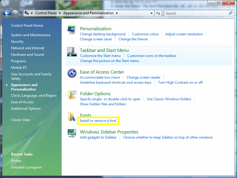 Удаление шрифта в Windows Vista